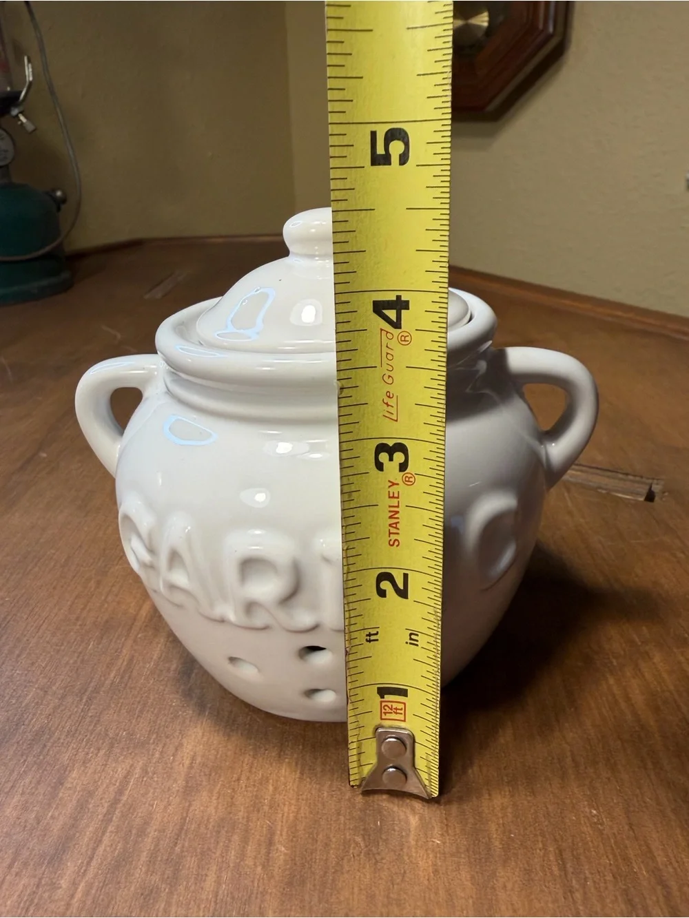 White Ceramic Garlic Keeper with Lid, Aeration Holes & Handles 4.5